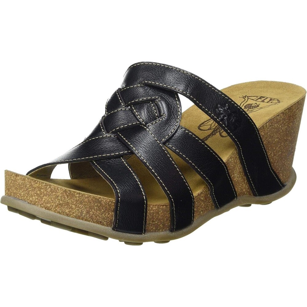 Fly London Black Leather Strappy Cork Wedge Sandals